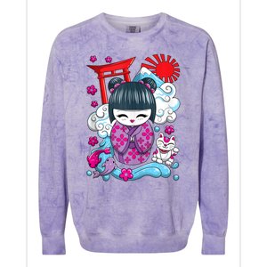 Cute Japanese Kawaii Kokeshi Doll Wave Lucky Cat Ank Op Colorblast Crewneck Sweatshirt