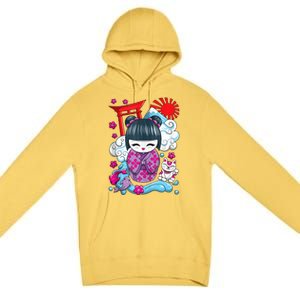 Cute Japanese Kawaii Kokeshi Doll Wave Lucky Cat Ank Op Premium Pullover Hoodie