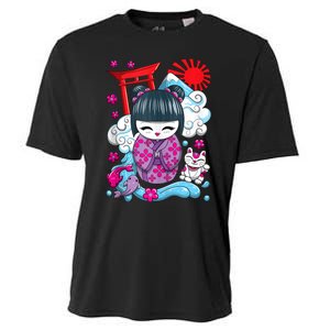 Cute Japanese Kawaii Kokeshi Doll Wave Lucky Cat Ank Op Cooling Performance Crew T-Shirt