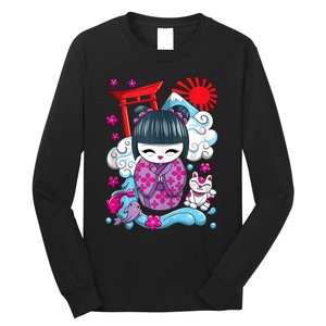 Cute Japanese Kawaii Kokeshi Doll Wave Lucky Cat Ank Op Long Sleeve Shirt