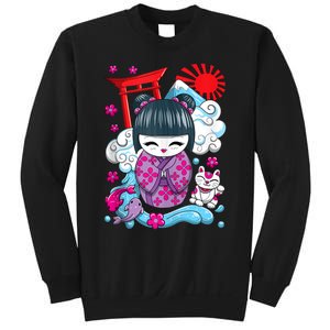 Cute Japanese Kawaii Kokeshi Doll Wave Lucky Cat Ank Op Sweatshirt