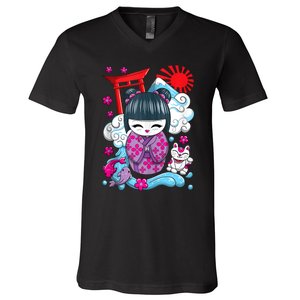 Cute Japanese Kawaii Kokeshi Doll Wave Lucky Cat Ank Op V-Neck T-Shirt