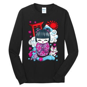 Cute Japanese Kawaii Kokeshi Doll Wave Lucky Cat Ank Op Tall Long Sleeve T-Shirt