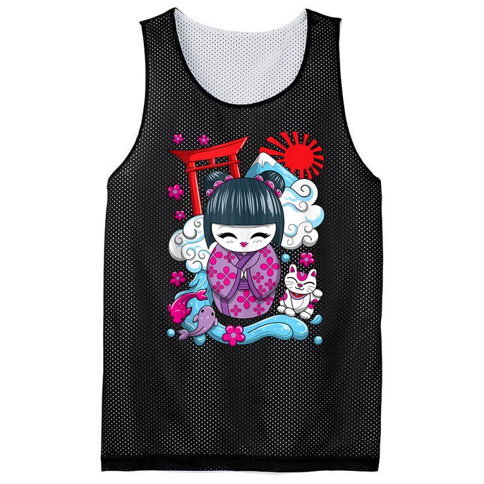 Cute Japanese Kawaii Kokeshi Doll Wave Lucky Cat Ank Op Mesh Reversible Basketball Jersey Tank