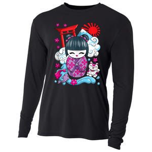 Cute Japanese Kawaii Kokeshi Doll Wave Lucky Cat Ank Op Cooling Performance Long Sleeve Crew