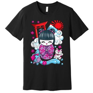 Cute Japanese Kawaii Kokeshi Doll Wave Lucky Cat Ank Op Premium T-Shirt