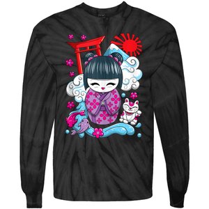 Cute Japanese Kawaii Kokeshi Doll Wave Lucky Cat Ank Op Tie-Dye Long Sleeve Shirt