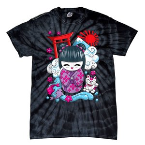 Cute Japanese Kawaii Kokeshi Doll Wave Lucky Cat Ank Op Tie-Dye T-Shirt