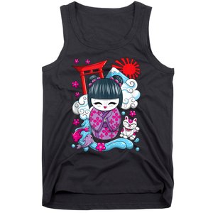 Cute Japanese Kawaii Kokeshi Doll Wave Lucky Cat Ank Op Tank Top