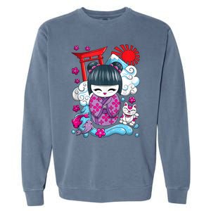 Cute Japanese Kawaii Kokeshi Doll Wave Lucky Cat Ank Op Garment-Dyed Sweatshirt