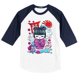 Cute Japanese Kawaii Kokeshi Doll Wave Lucky Cat Ank Op Baseball Sleeve Shirt