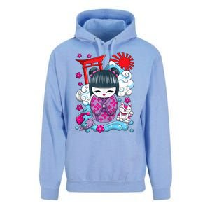 Cute Japanese Kawaii Kokeshi Doll Wave Lucky Cat Ank Op Unisex Surf Hoodie