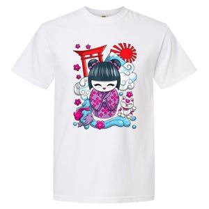 Cute Japanese Kawaii Kokeshi Doll Wave Lucky Cat Ank Op Garment-Dyed Heavyweight T-Shirt