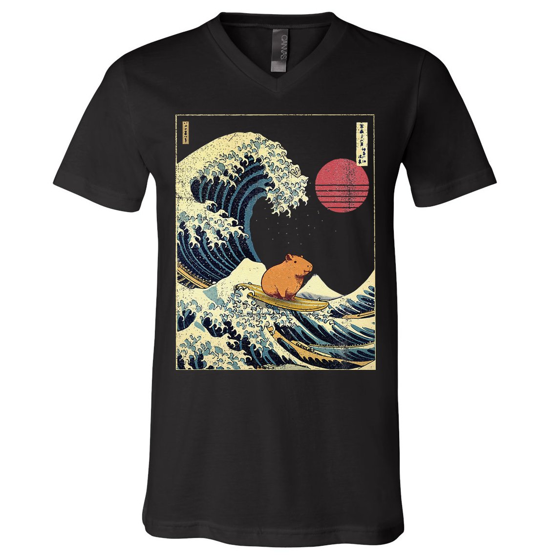 Capybara Japanese Kanagawa Wave Funny Surf Animal V-Neck T-Shirt