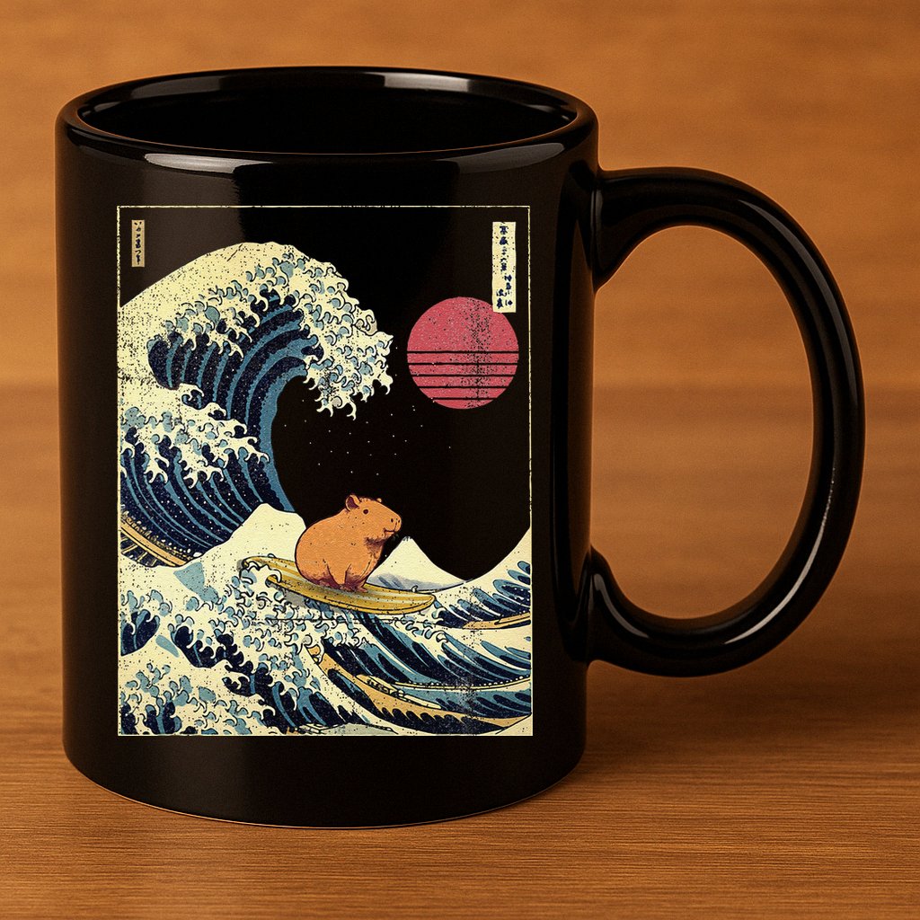 Capybara Japanese Kanagawa Wave Funny Surf Animal 11oz C Handle Ceramic Mug