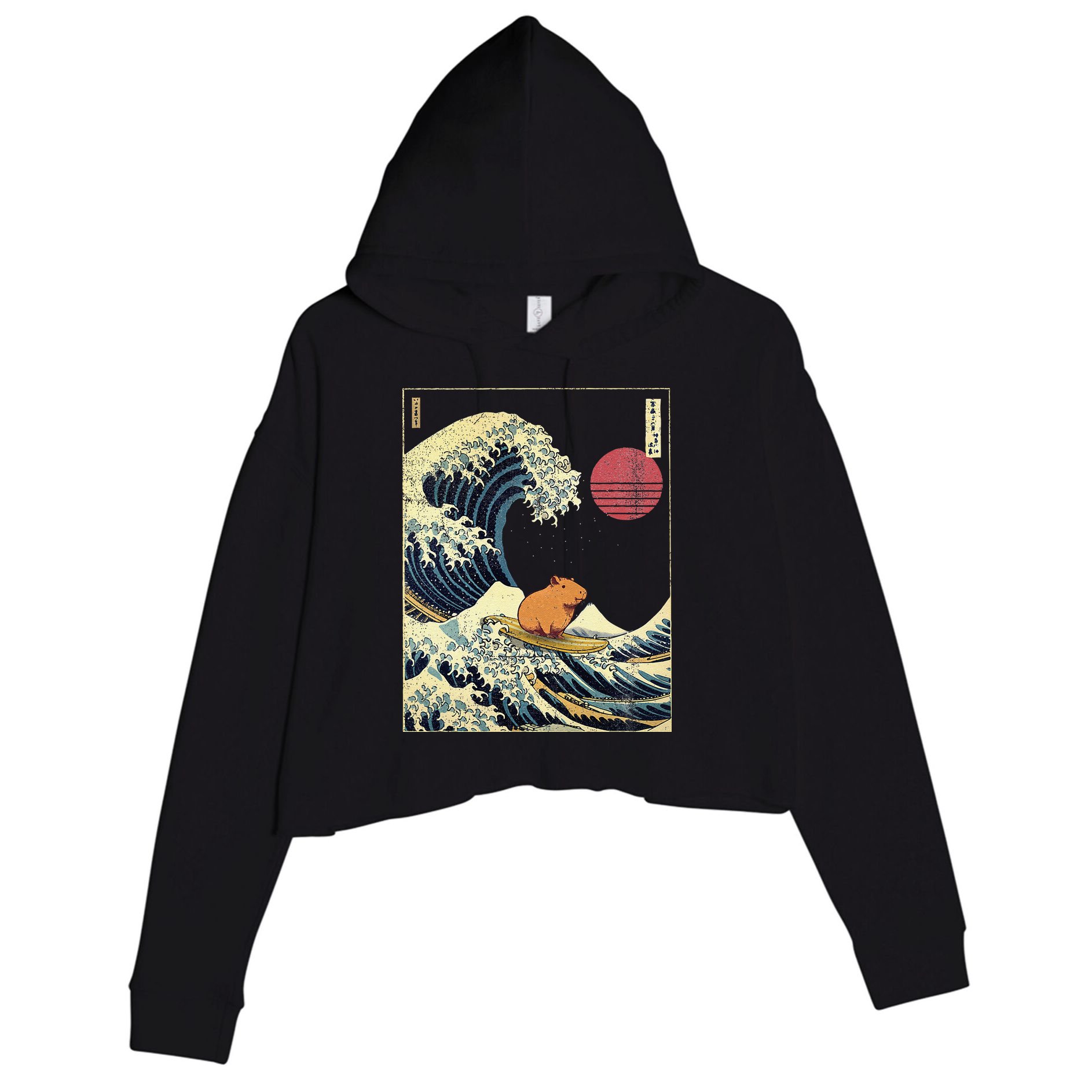 Capybara Japanese Kanagawa Wave Funny Surf Animal Crop Fleece Hoodie