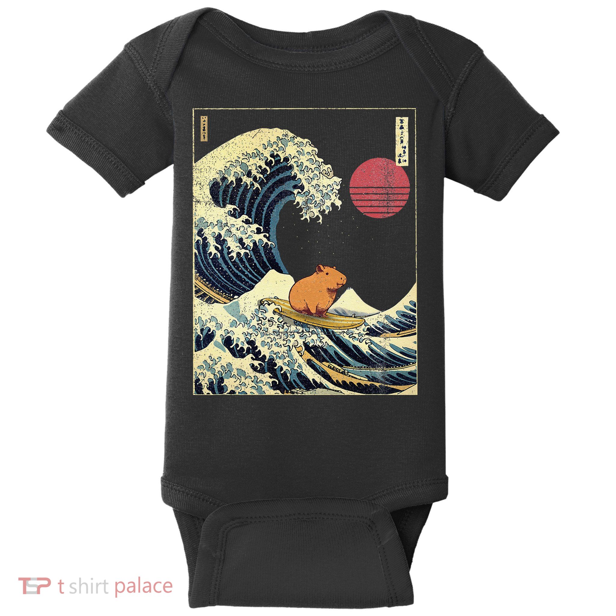 Capybara Japanese Kanagawa Wave Funny Surf Animal Baby Bodysuit