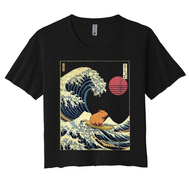 Capybara Japanese Kanagawa Wave Funny Surf Animal Women's Crop Top Tee