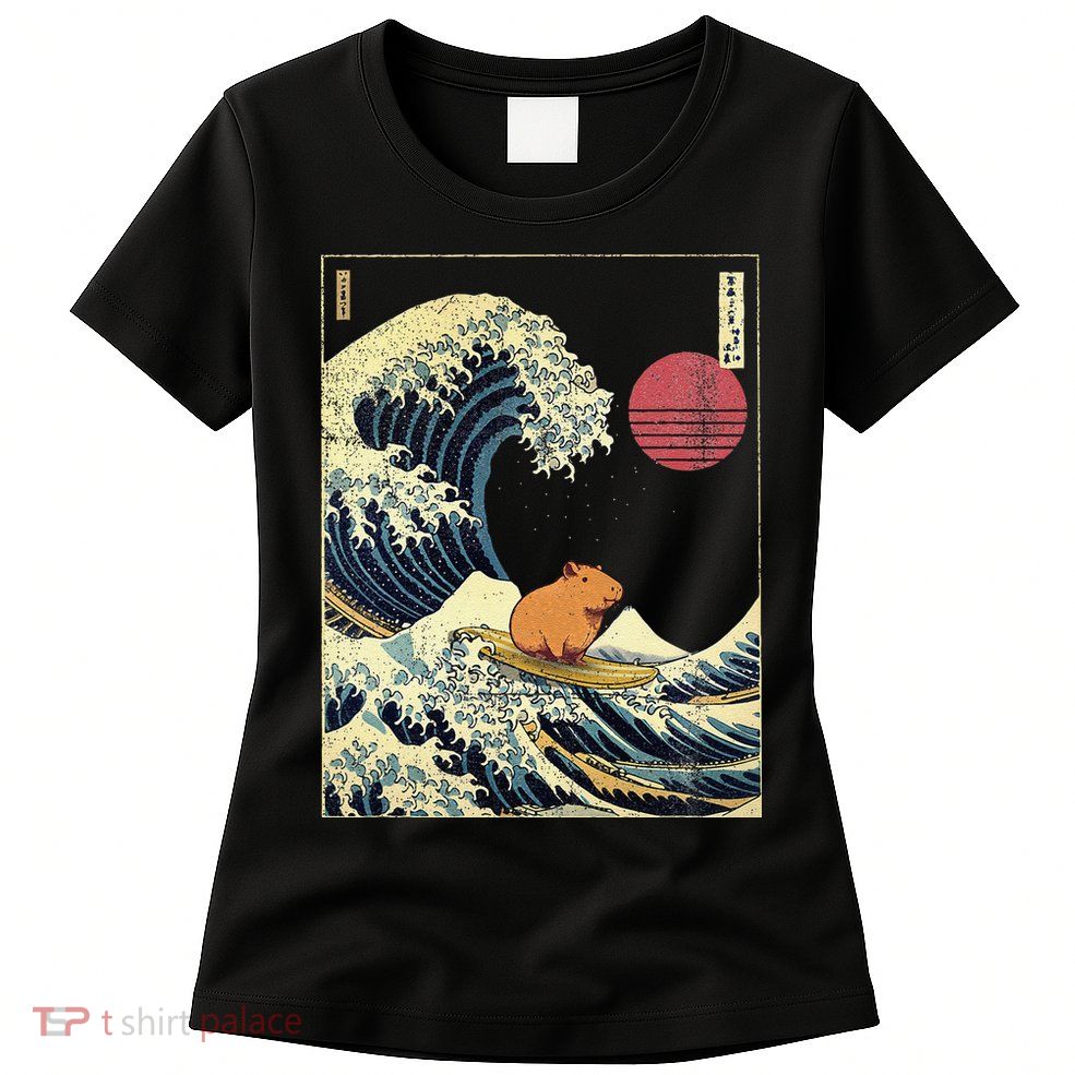 Capybara Japanese Kanagawa Wave Funny Surf Animal Womens T-Shirt