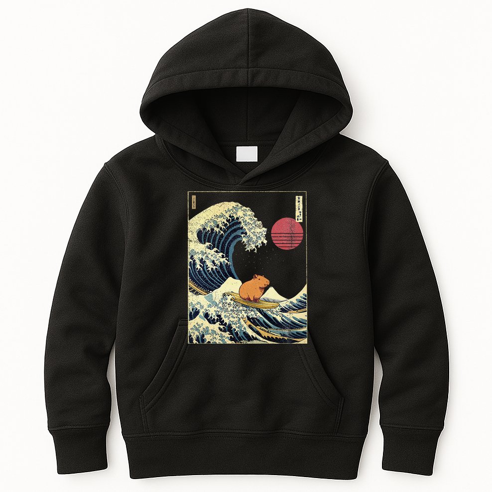 Capybara Japanese Kanagawa Wave Funny Surf Animal Kids Hoodie