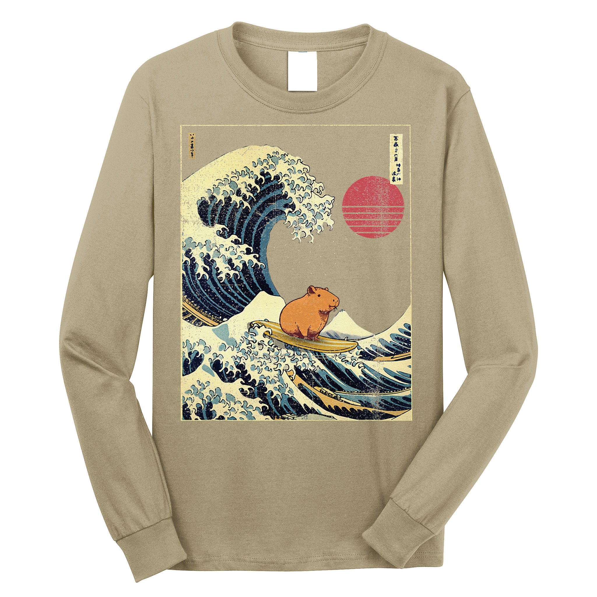 Capybara Japanese Kanagawa Wave Funny Surf Animal Long Sleeve Shirt