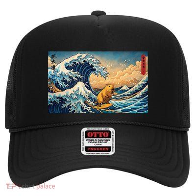 Capybara Japanese Kanagawa Wave Funny Surf Animal High Crown Mesh Back Trucker Hat