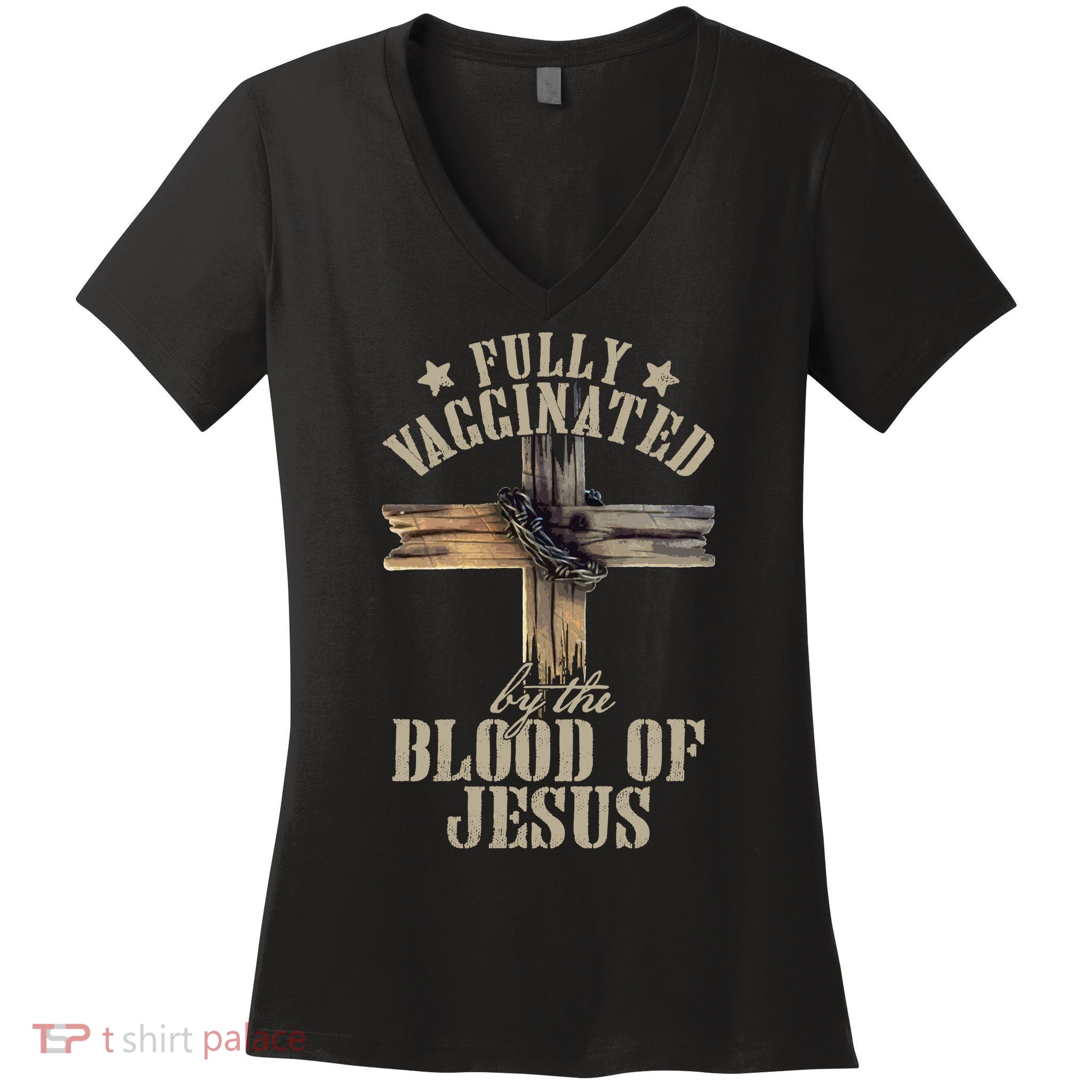 Christian Jesus Lover Fully Vaccinated By The Blood Of Jesus Long Sleeve TShirt Women's V-Neck T-Shirt