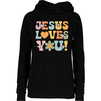 Cute Jesus Loves You Groovy Christian Womens Funnel Neck Pullover Hood