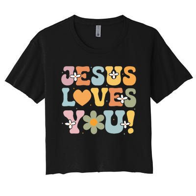 Cute Jesus Loves You Groovy Christian Women's Crop Top Tee