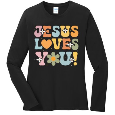 Cute Jesus Loves You Groovy Christian Ladies Long Sleeve Shirt