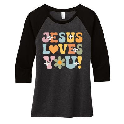 Cute Jesus Loves You Groovy Christian Women's Tri-Blend 3/4-Sleeve Raglan Shirt