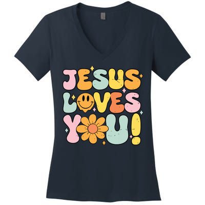 Christian Jesus Loves You Groovy Cute Vintage Vintage Women's V-Neck T-Shirt