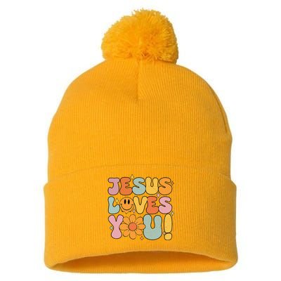 Christian Jesus Loves You Groovy Girl Women Gift Pom Pom 12in Knit Beanie