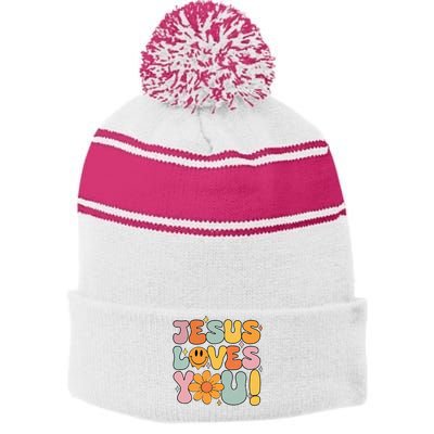 Christian Jesus Loves You Groovy Girl Women Gift Stripe Pom Pom Beanie