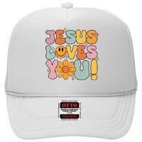 Christian Jesus Loves You Groovy Girl Women Gift High Crown Mesh Back Trucker Hat