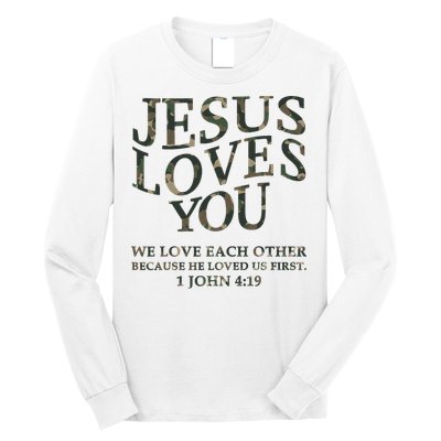 Camo Jesus Loves You White Christian God Son Brother Long Sleeve Shirt