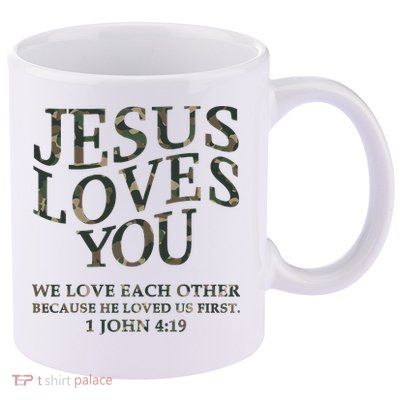 Camo Jesus Loves You White Christian God Son Brother 11oz C Handle Ceramic Mug