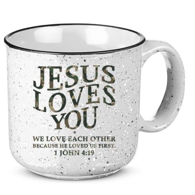 Camo Jesus Loves You White Christian God Son Brother 15oz Campfire Ceramic Mug