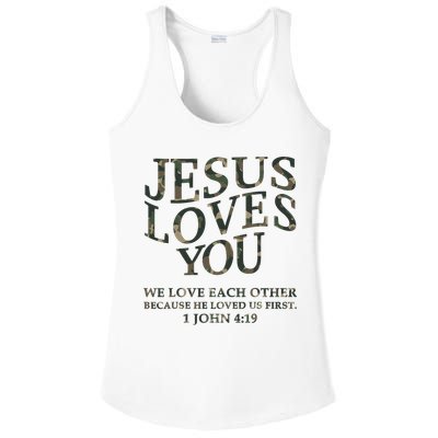 Camo Jesus Loves You White Christian God Son Brother Ladies PosiCharge Competitor Racerback Tank
