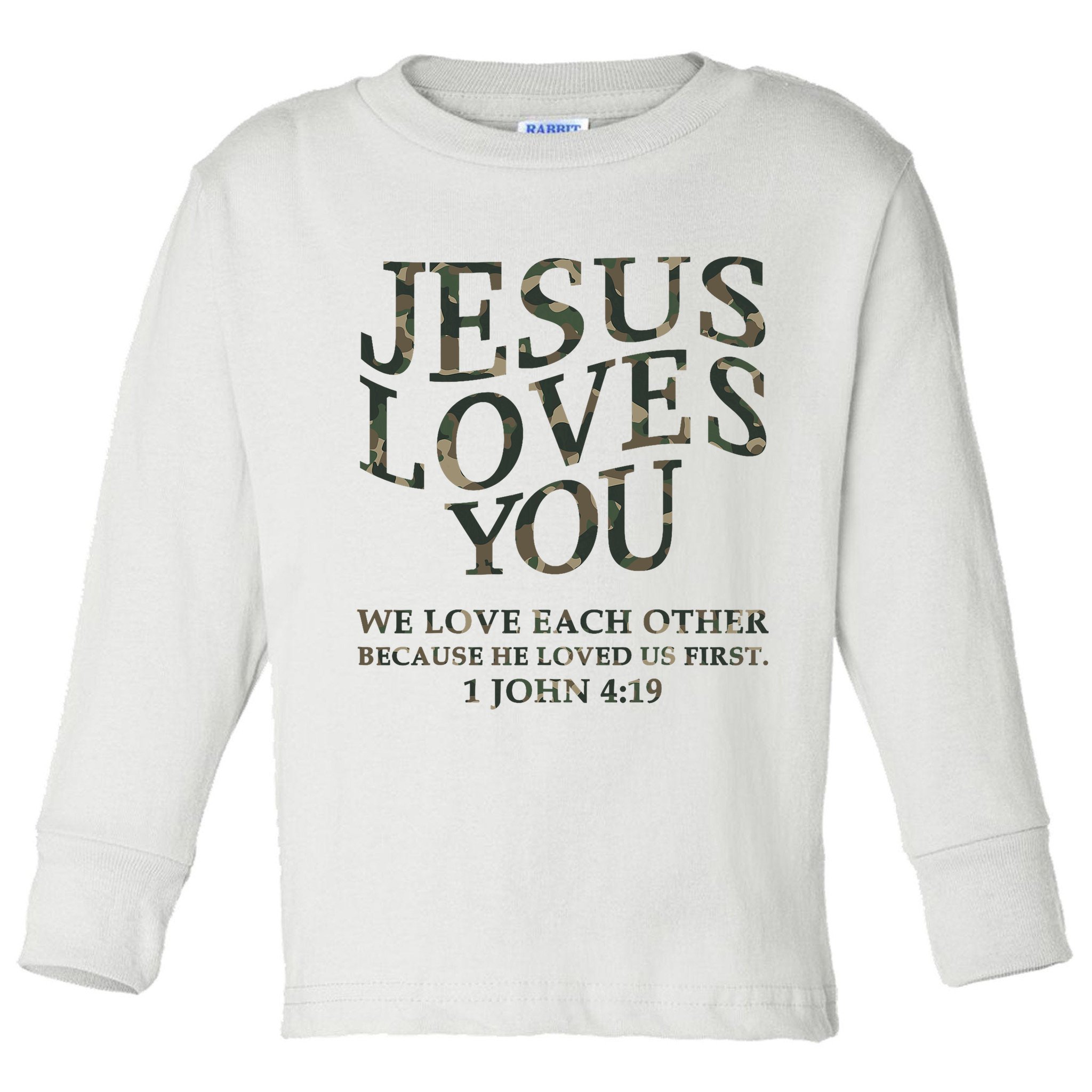 Camo Jesus Loves You White Christian God Son Brother Toddler Long Sleeve Shirt