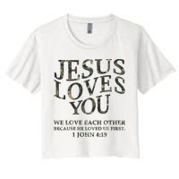 Camo Jesus Loves You White Christian God Son Brother Women's Crop Top Tee