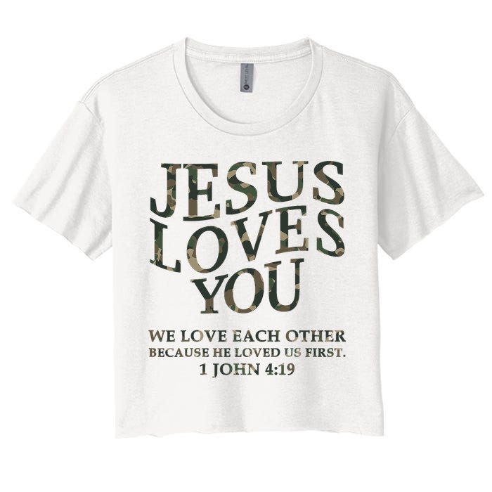 Camo Jesus Loves You White Christian God Son Brother Women's Crop Top Tee