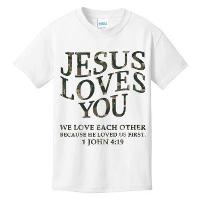Camo Jesus Loves You White Christian God Son Brother Kids T-Shirt