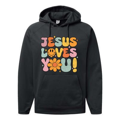 Christian Jesus Loves You Groovy Vintage Cute Performance Fleece Hoodie