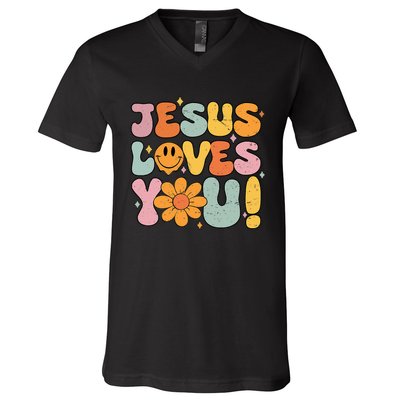 Christian Jesus Loves You Groovy Vintage Cute V-Neck T-Shirt