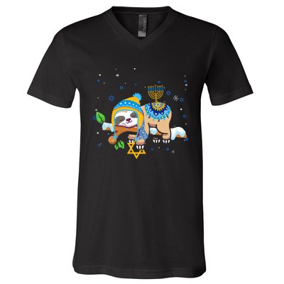 Cute Jewish Menorah Hanukkah Sloth Chanukah V-Neck T-Shirt