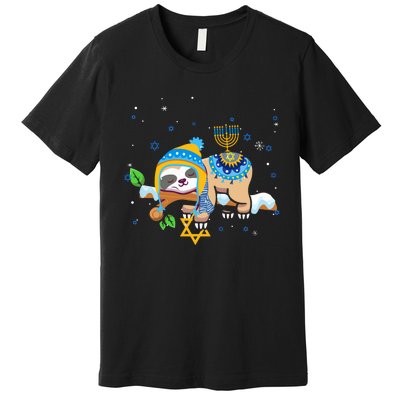 Cute Jewish Menorah Hanukkah Sloth Chanukah Premium T-Shirt