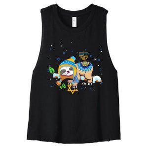 Cute Jewish Menorah Hanukkah Sloth Chanukah Women's Racerback Cropped Tank