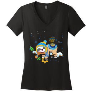 Cute Jewish Menorah Hanukkah Sloth Chanukah Women's V-Neck T-Shirt