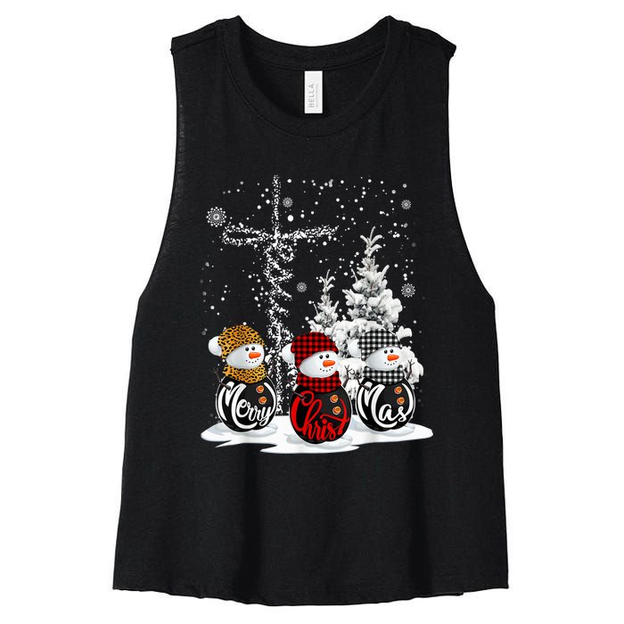 Cross Jesus Merry Christmas Snowman Funny Xmas For Christian Women's Racerback Cropped Tank